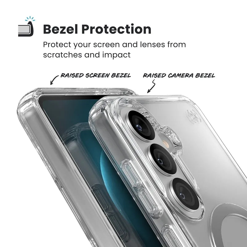 Speck Presidio Perfect-Clear Magnet – Samsung Galaxy S26+ MagSafe dėklas (Skaidrus/Skaidrus/Sidabrinis)