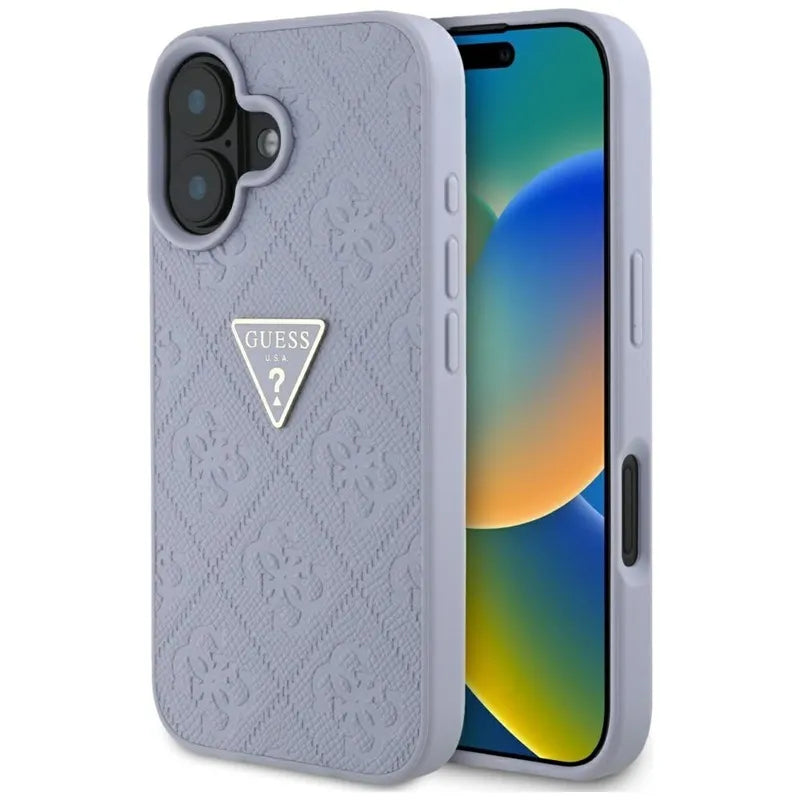 Guess Hot Stamp 4G Pattern Triangle Metal Logo – dėklas iPhone 16 telefonui (violetinis)