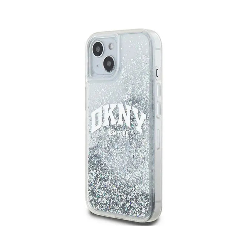 DKNY Liquid Glitter Big Logo – dėklas iPhone 15 / 14 / 13 (baltas)