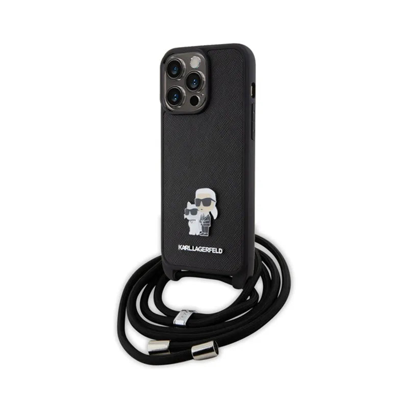 Karl Lagerfeld Crossbody Saffiano Metal Pin Karl & Choupette – dėklas iPhone 15 Pro Max (juodas)
