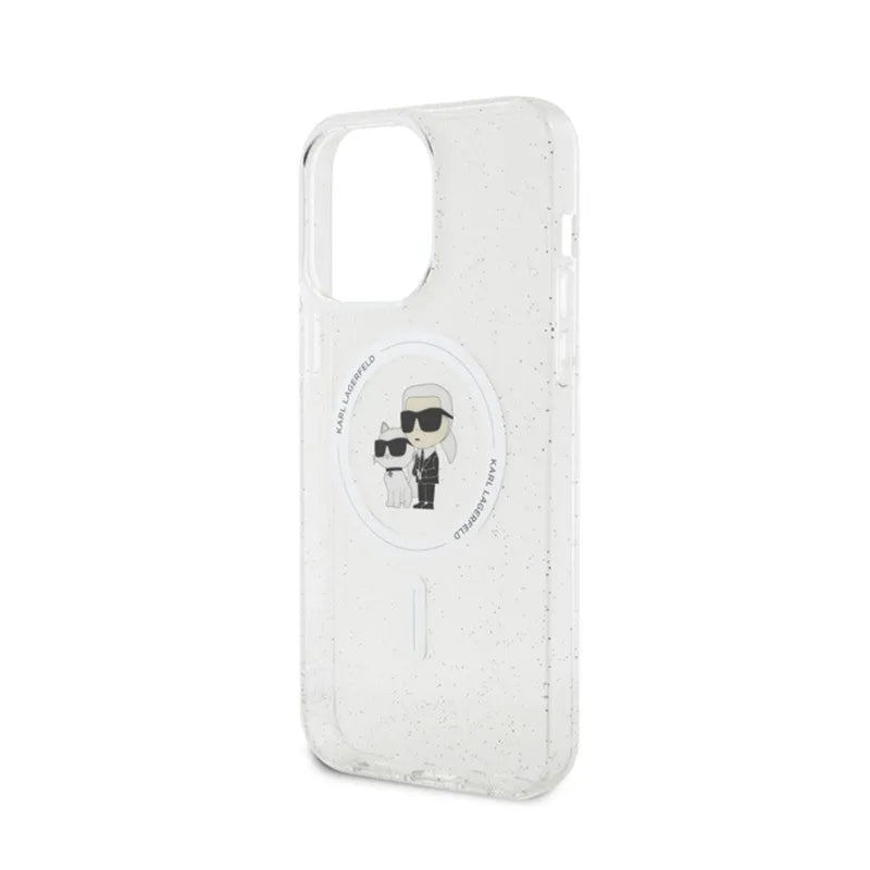 Karl Lagerfeld Karl & Choupette Glitter MagSafe dėklas, skirtas iPhone 15 Pro Max (skaidrus)