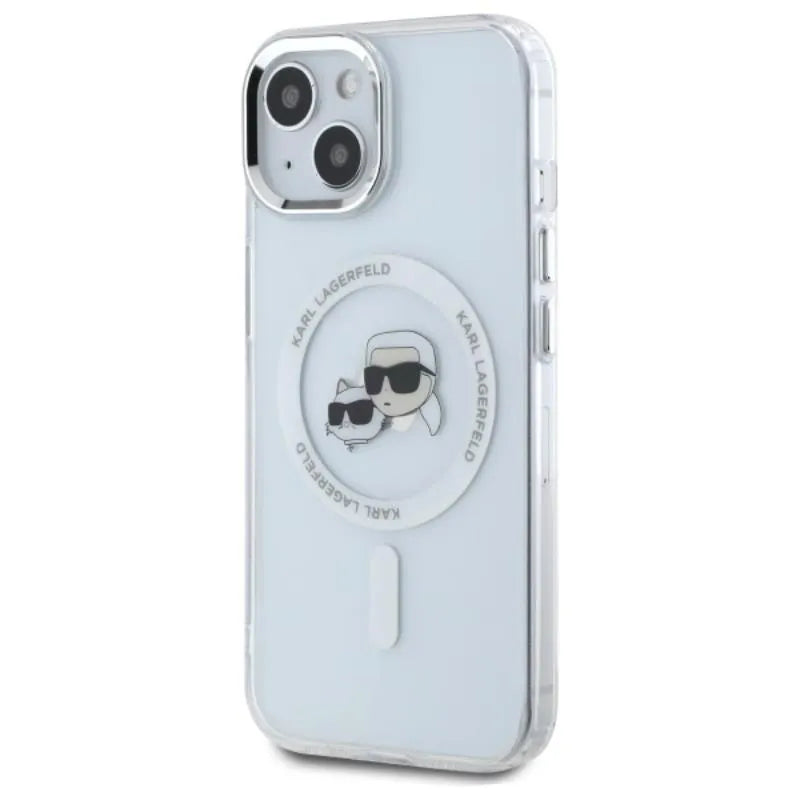 Karl Lagerfeld IML Metal Karl & Choupette Head MagSafe – dėklas iPhone 15 (baltas)