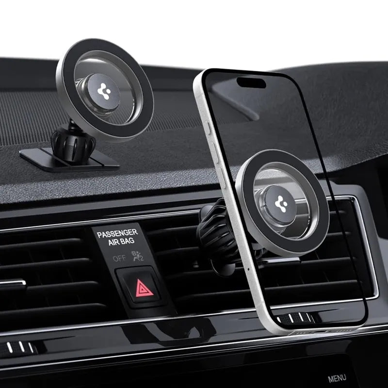 Spigen MFT13 magnetinis automobilinis laikiklis prietaisų skydeliui ir ventiliacijos grotelėms – magnetinis automobilinis laikiklis „MagSafe“ (sidabrinis)