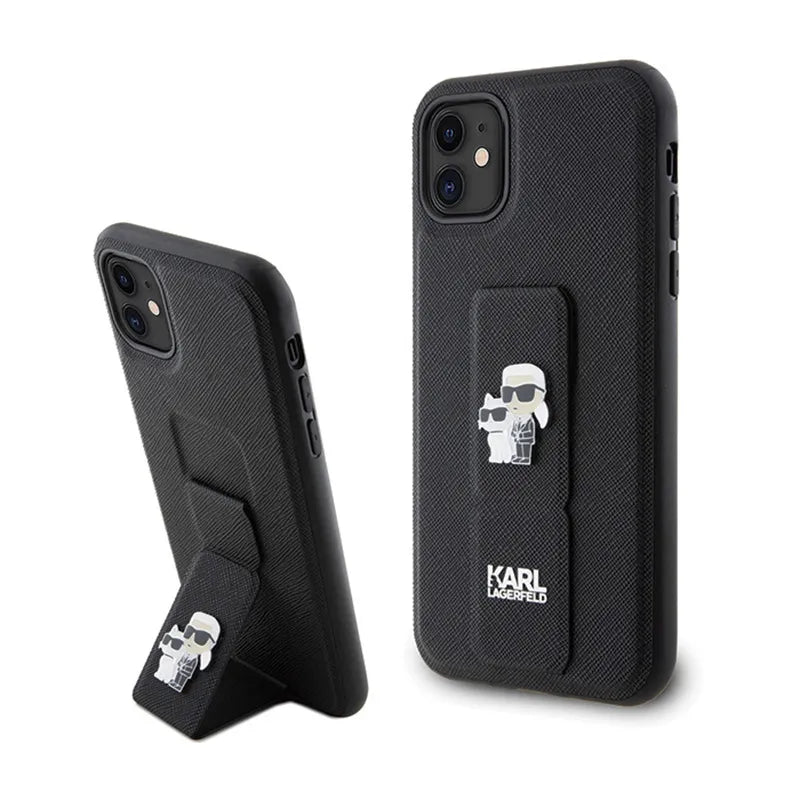 Karl Lagerfeld Gripstand Saffiano Karl & Choupette Pins – dėklas iPhone 11 (juodas)