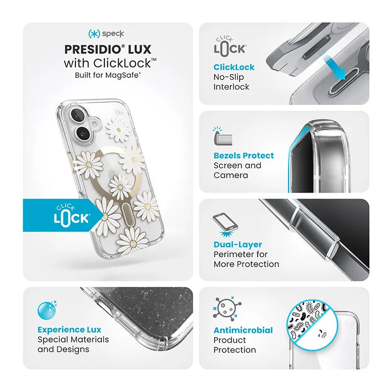 Speck Presidio Lux ClickLock & MagSafe – iPhone 16 dėklas (Sunshine Daisies / Skaidrus / Auksas)
