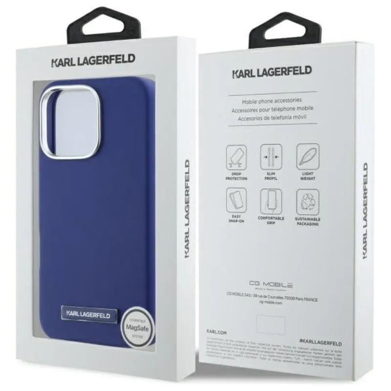 Karl Lagerfeld FW Metal Plate MagSafe – dėklas iPhone 16 Pro Max telefonui (mėlynas)