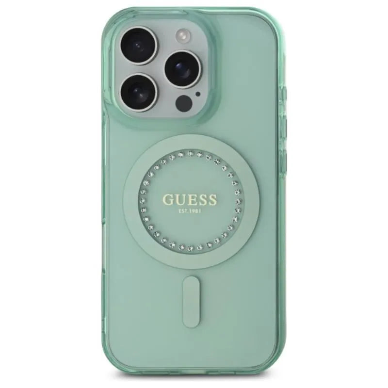 Guess IML Rhinestones MagSafe – dėklas iPhone 16 Pro Max telefonui (žalias)
