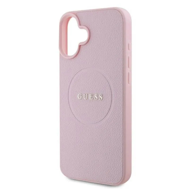 Guess Grained Ring MagSafe – Dėklas iPhone 16 Plus (rožinis)
