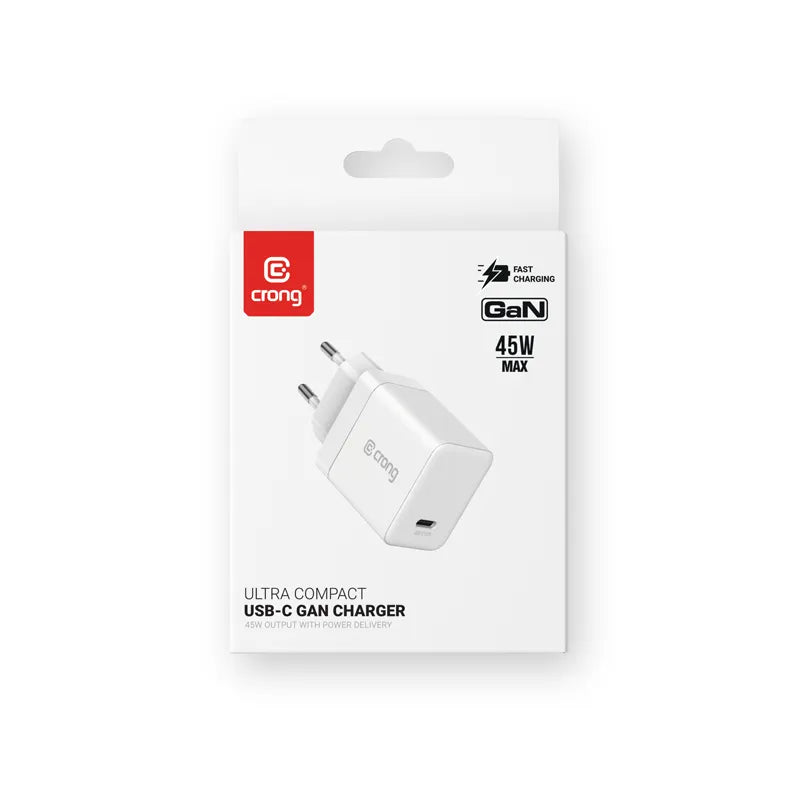 Crong Ultra Compact GaN – USB-C 45W PD 3.0 sieninis įkroviklis su PPS (baltas)