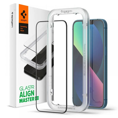 Spigen Alm Glass FC – grūdintas stiklas, skirtas iPhone 17e / 16e / 14 / 13 / 13 Pro (juodas rėmelis)