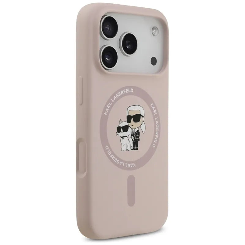 Karl Lagerfeld Silicone Karl & Choupette Ring MagSafe – Dėklas iPhone 17 Pro (rožinis)