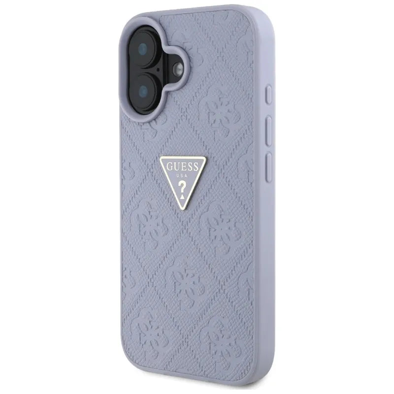 Guess Hot Stamp 4G Pattern Triangle Metal Logo – dėklas iPhone 16 telefonui (violetinis)
