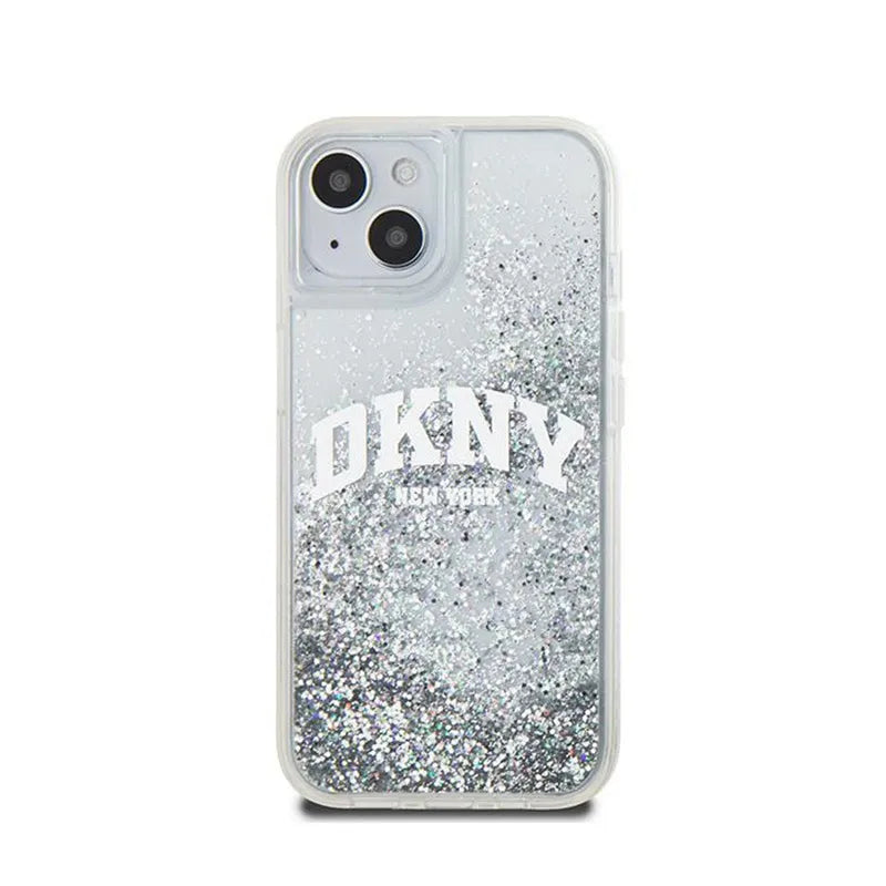 DKNY Liquid Glitter Big Logo – dėklas iPhone 15 / 14 / 13 (baltas)