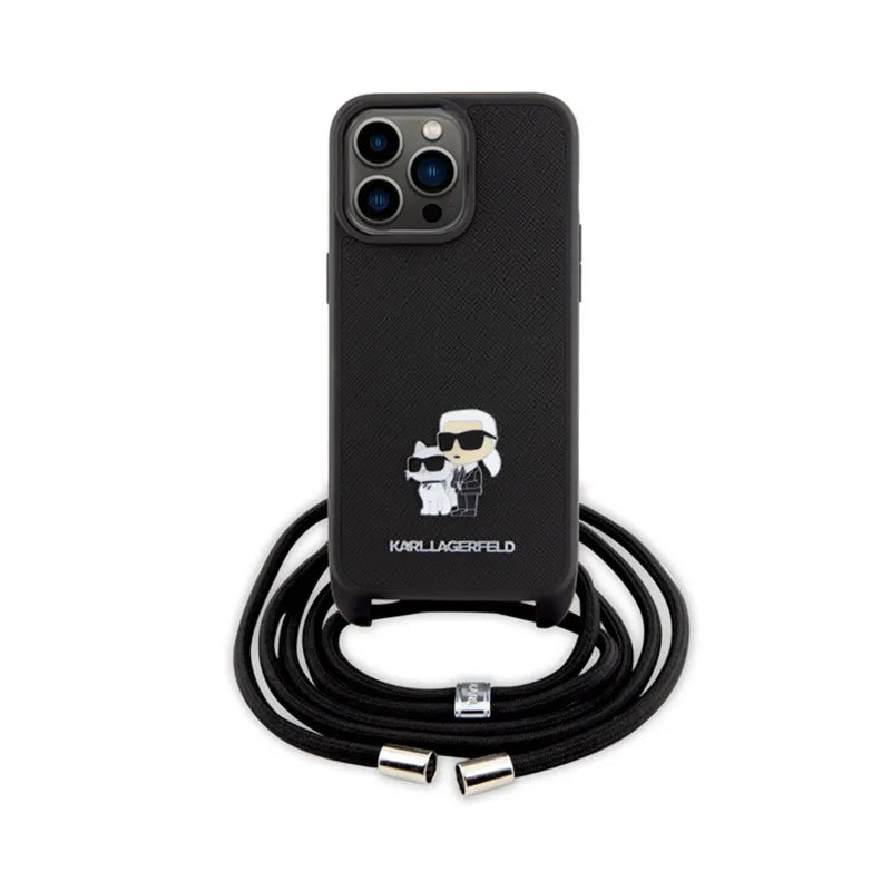 Karl Lagerfeld Crossbody Saffiano Metal Pin Karl & Choupette – dėklas iPhone 15 Pro Max (juodas)