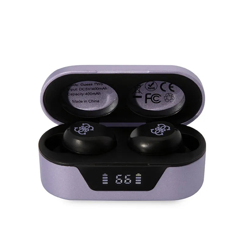Guess belaidės ausinės BT5.0 5H – TWS ausinės + įkrovimo dėklas (violetinės)