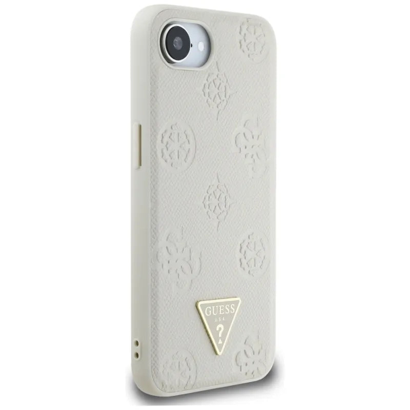 Guess Grained Hot Stamp Peony Triangle Logo MagSafe – dėklas iPhone 16e (smėlio spalvos)