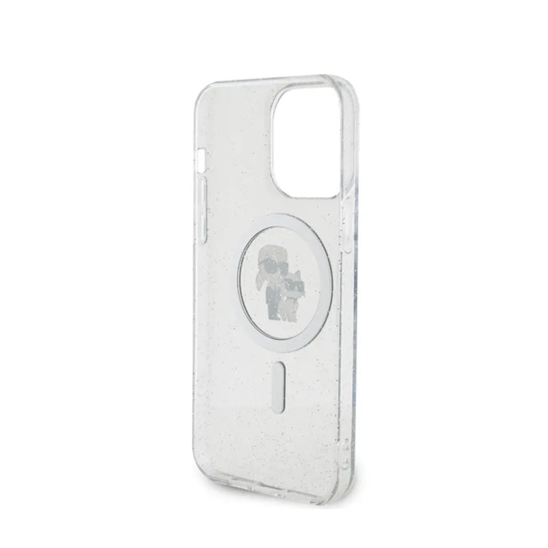 Karl Lagerfeld Karl & Choupette Glitter MagSafe dėklas, skirtas iPhone 15 Pro Max (skaidrus)