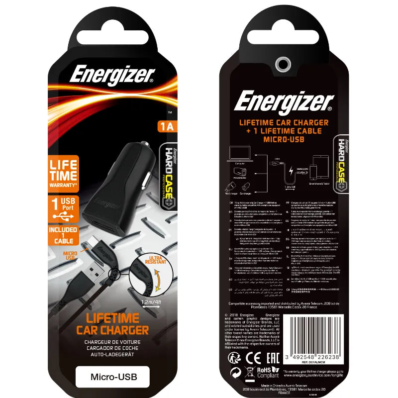 „Energizer HardCase“ – USB-A 1 A automobilinis įkroviklis + „Micro USB“ laidas (juodas)