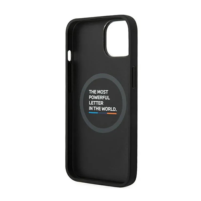 BMW Leather Hot Stamp Tricolor MagSafe – dėklas iPhone 14 Plus (juodas)