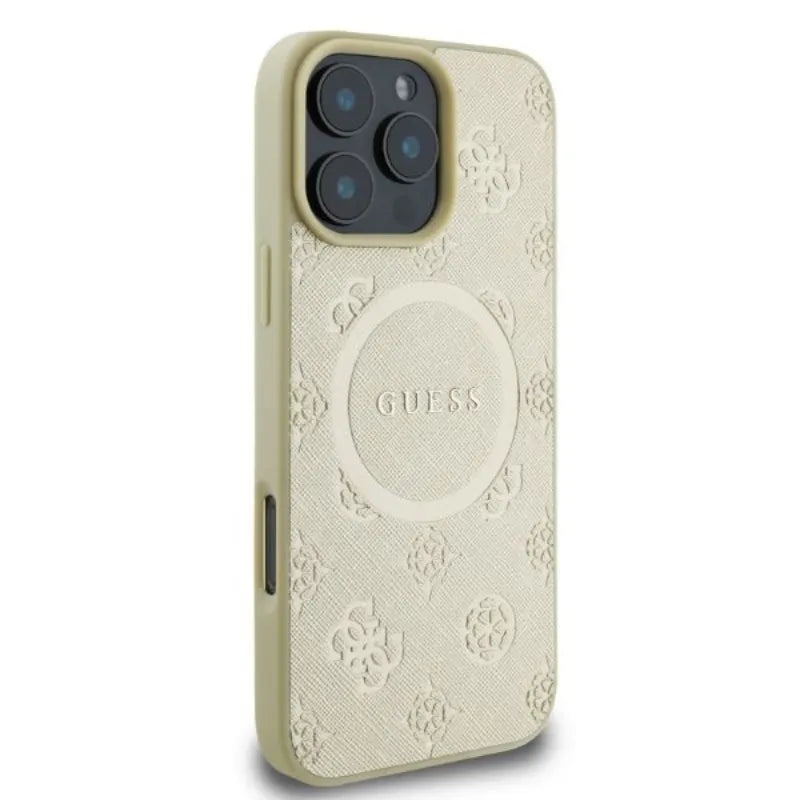 Guess Saffiano Peony Classic Logo MagSafe – dėklas iPhone 16 Pro (auksinis)