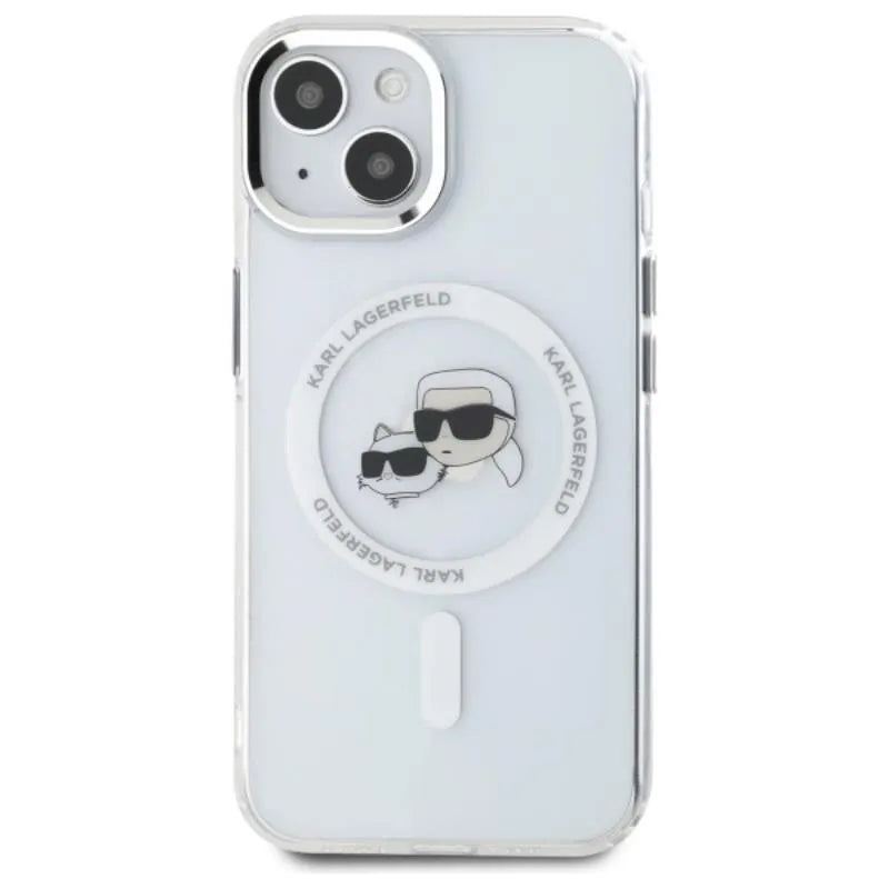 Karl Lagerfeld IML Metal Karl & Choupette Head MagSafe – dėklas iPhone 15 (baltas)