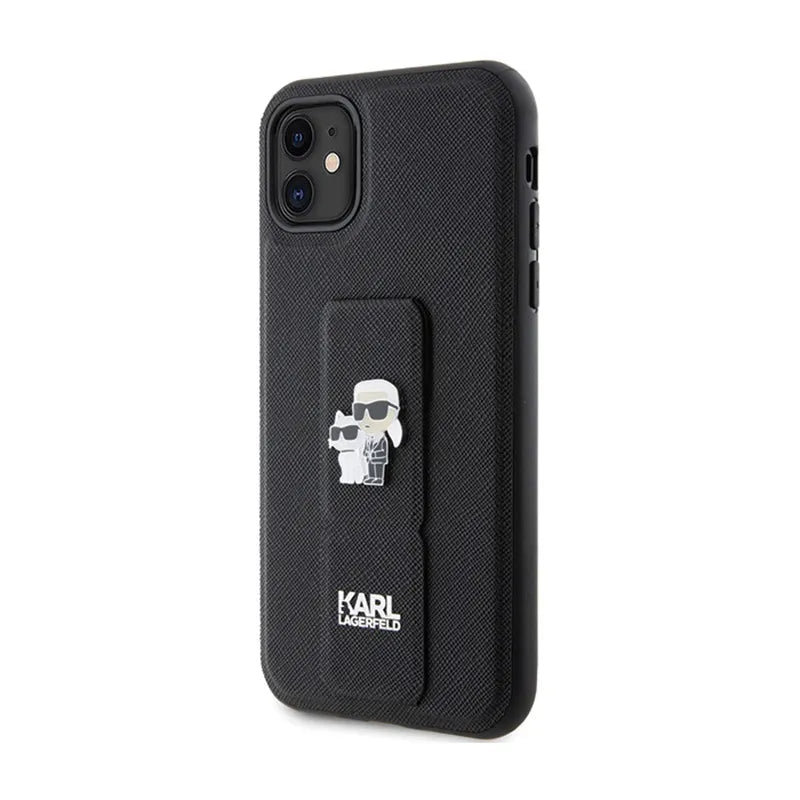 Karl Lagerfeld Gripstand Saffiano Karl & Choupette Pins – dėklas iPhone 11 (juodas)