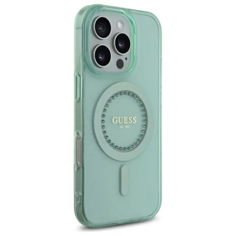 Guess IML Rhinestones MagSafe – dėklas iPhone 16 Pro Max telefonui (žalias)