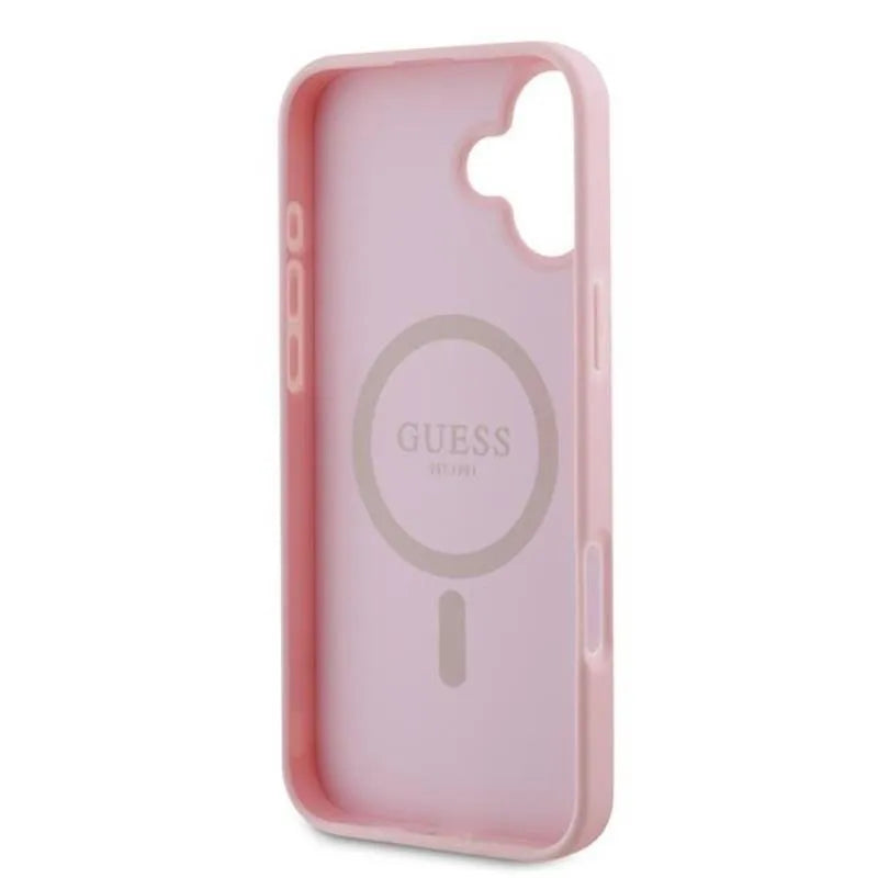 Guess Grained Ring MagSafe – Dėklas iPhone 16 Plus (rožinis)