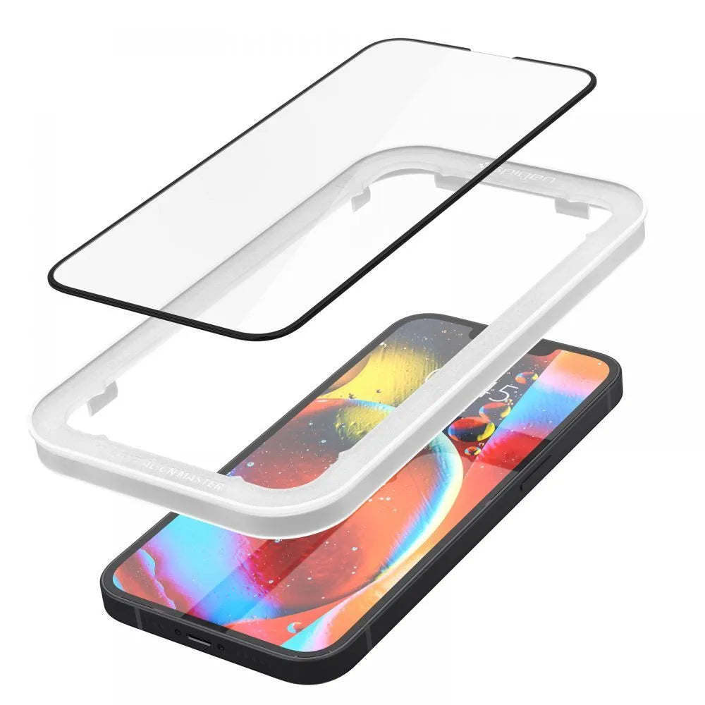 Spigen Alm Glass FC – grūdintas stiklas, skirtas iPhone 17e / 16e / 14 / 13 / 13 Pro (juodas rėmelis)