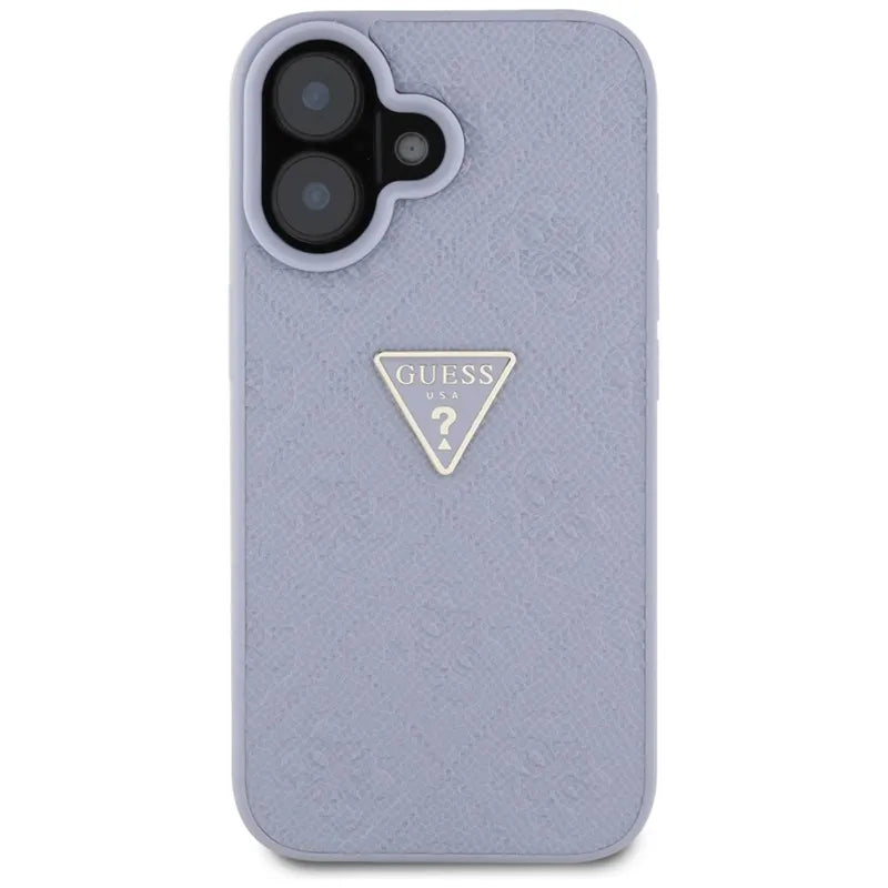 Guess Hot Stamp 4G Pattern Triangle Metal Logo – dėklas iPhone 16 telefonui (violetinis)