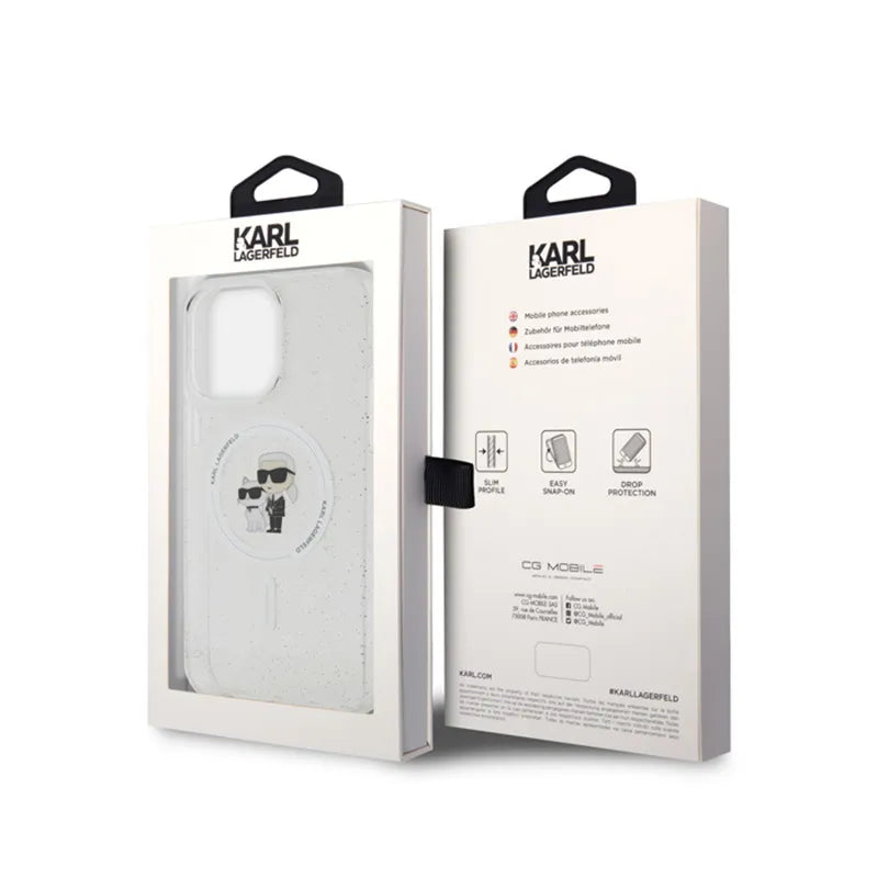 Karl Lagerfeld Karl & Choupette Glitter MagSafe dėklas, skirtas iPhone 15 Pro Max (skaidrus)