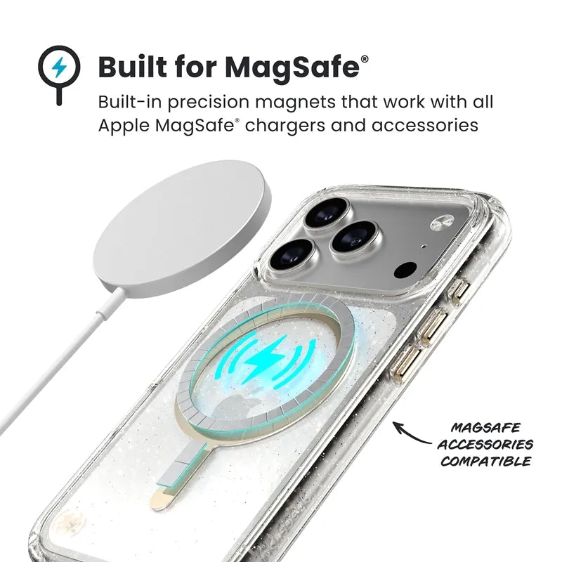 Speck Presidio Lux MagSafe – dėklas iPhone 17 Pro (Blizgučiai / Auksinė metalo spalva)