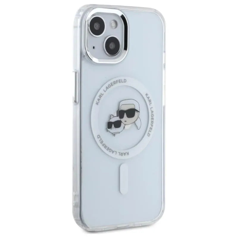 Karl Lagerfeld IML Metal Karl & Choupette Head MagSafe – dėklas iPhone 15 (baltas)