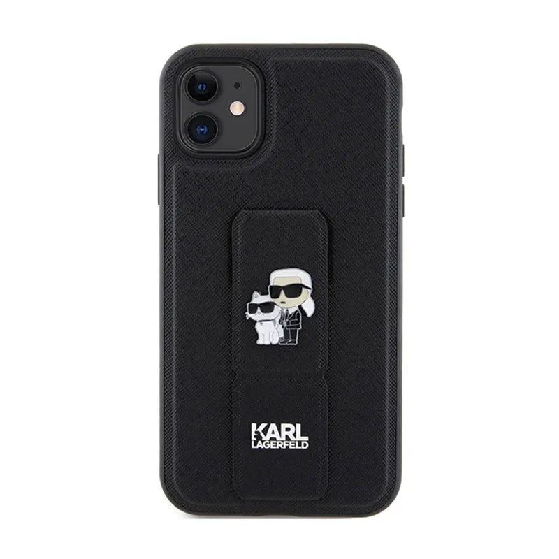 Karl Lagerfeld Gripstand Saffiano Karl & Choupette Pins – dėklas iPhone 11 (juodas)