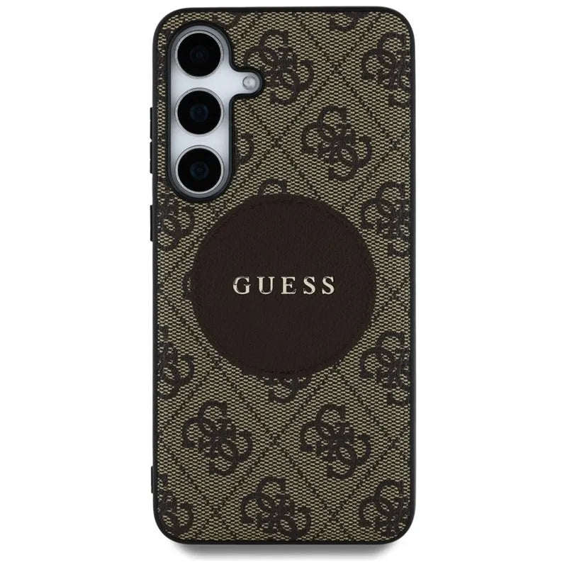 Guess 4G Round Patch Classic Logo MagSafe – dėklas Samsung Galaxy S25+ (rudas)