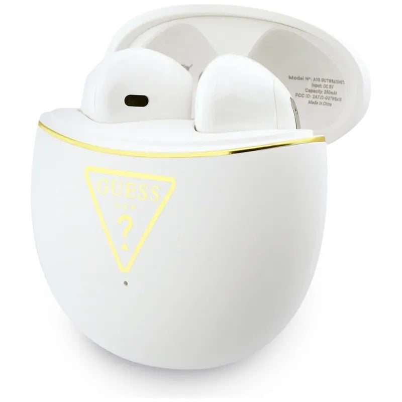 Guess Gold Line Triangle – TWS „Bluetooth“ ausinės + įkrovimo dėklas (baltos)