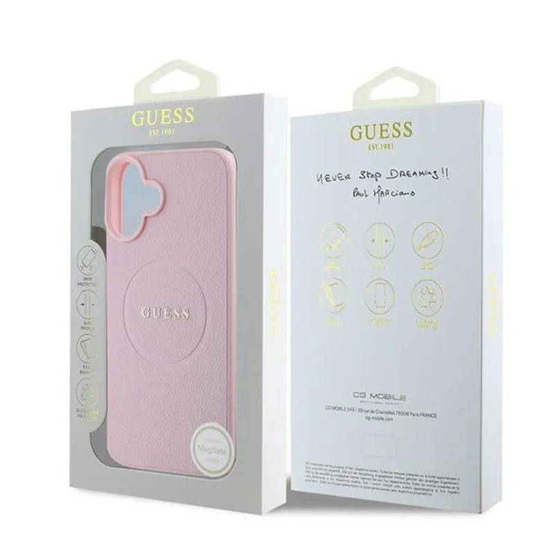 Guess Grained Ring MagSafe – Dėklas iPhone 16 Plus (rožinis)