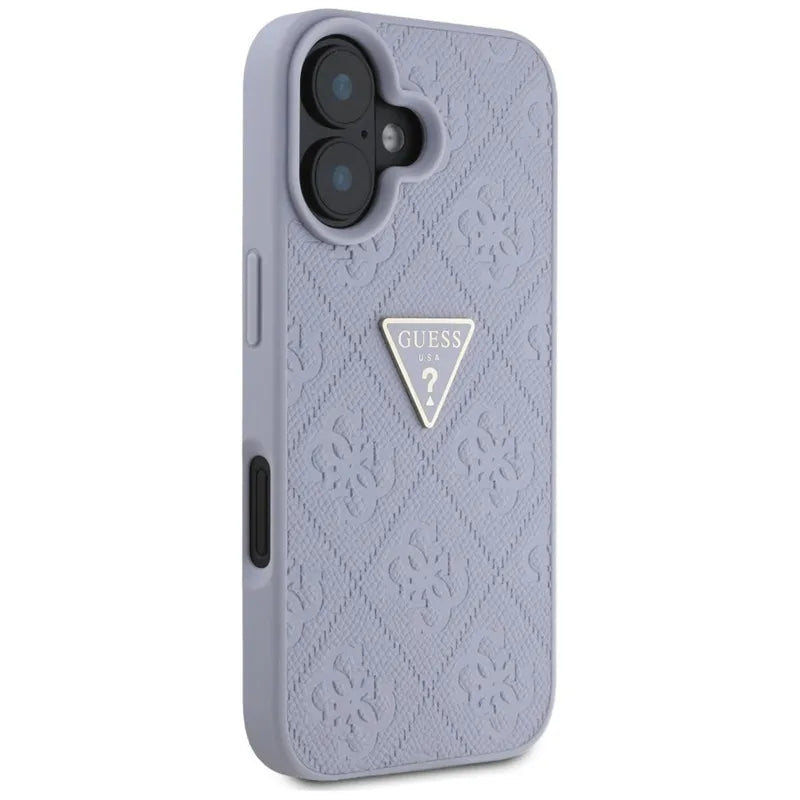 Guess Hot Stamp 4G Pattern Triangle Metal Logo – dėklas iPhone 16 telefonui (violetinis)