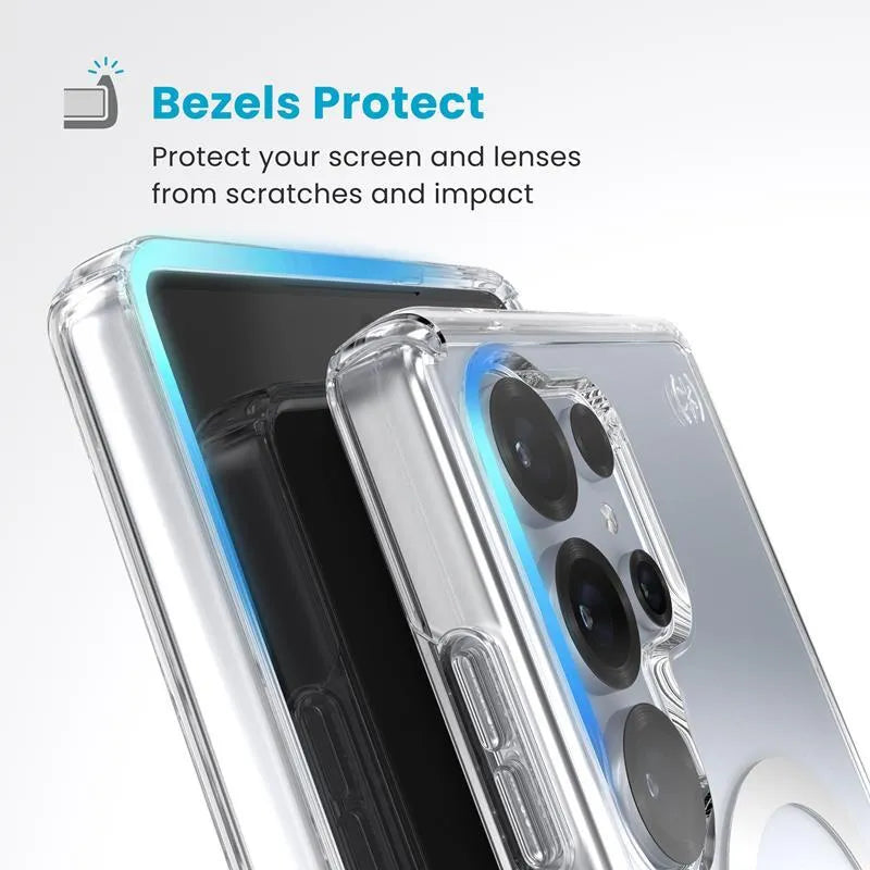 Speck Presidio Perfect-Clear Magnet – Samsung Galaxy S25 Ultra MagSafe dėklas (skaidrus / chromo apdaila / Serene Silver)