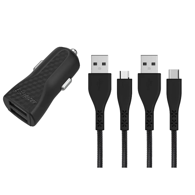 Energizer HardCase – Automobilinis įkroviklis 2x USB-A 2.4A + USB-C ir „Micro USB“ kabelis (juodas)