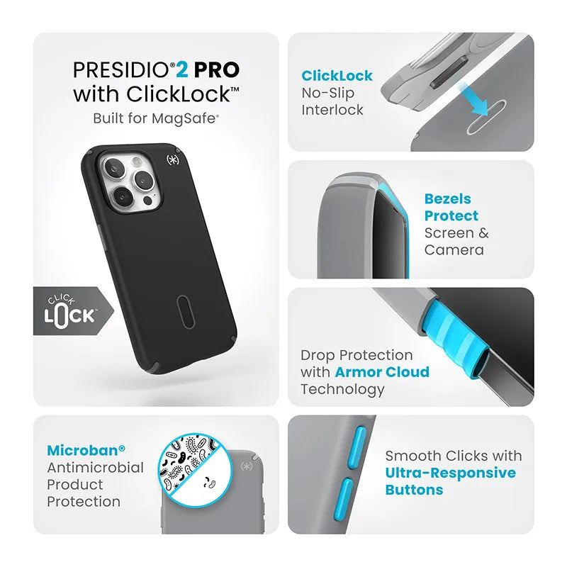 Speck Presidio2 Pro ClickLock & MagSafe dėklas iPhone 15 Pro (juodas / pilkas / baltas)
