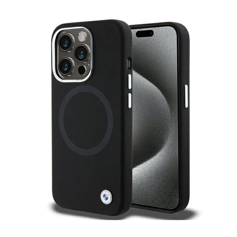 BMW Signature Liquid Silicone MagSafe dėklas, skirtas iPhone 15 Pro (juodas)