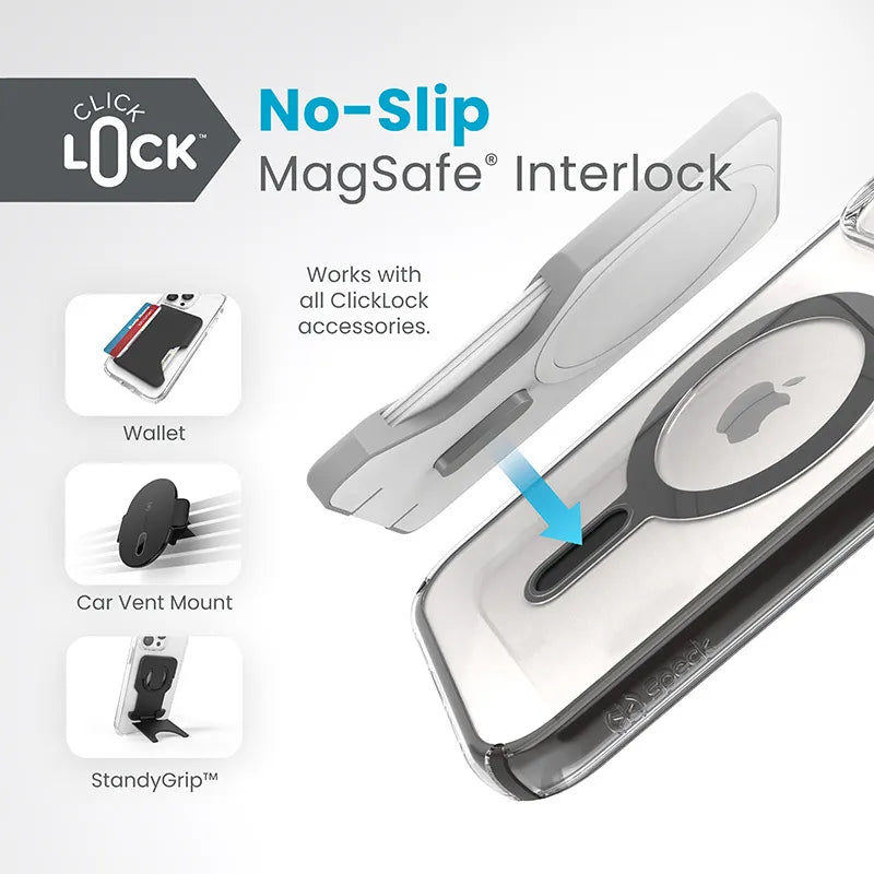Speck Presidio Perfect-Clear ClickLock & MagSafe dėklas - iPhone 17e / 16e / 15 / 14 / 13 (skaidrus / matinis juodas / pilkas)