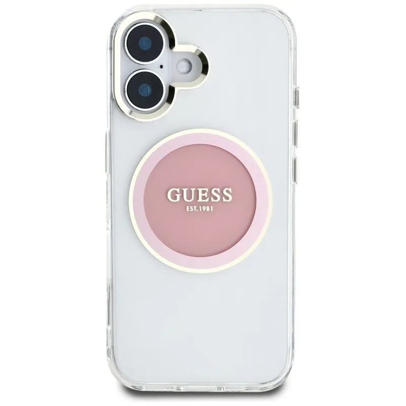 Guess IML Metal Colored Circle Classic Logo MagSafe - Dėklas iPhone 16 (rožinis)