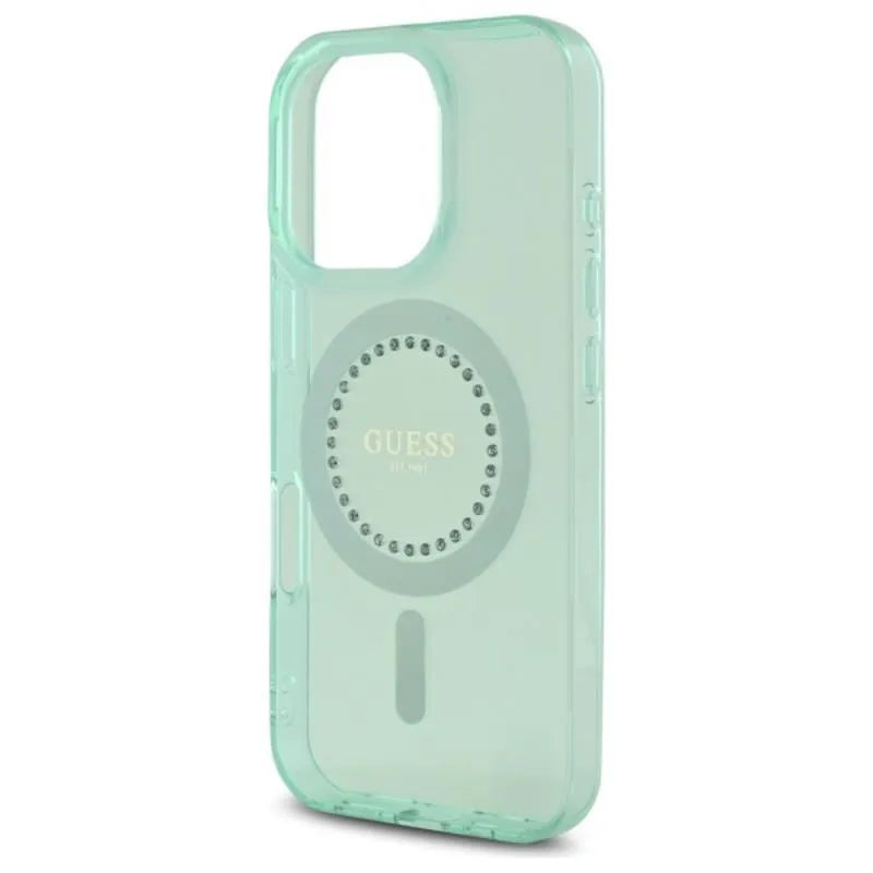 Guess IML Rhinestones MagSafe – dėklas iPhone 16 Pro Max telefonui (žalias)