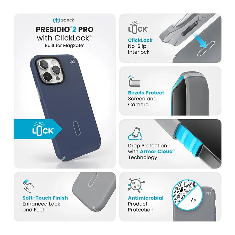 Speck Presidio2 Pro ClickLock & MagSafe – dėklas iPhone 16 Pro Max (Coastal Blue / Dust Gray / White)