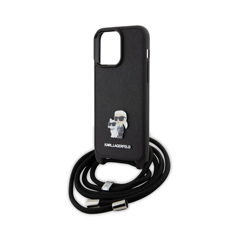 Karl Lagerfeld Crossbody Saffiano Metal Pin Karl & Choupette – dėklas iPhone 15 Pro Max (juodas)