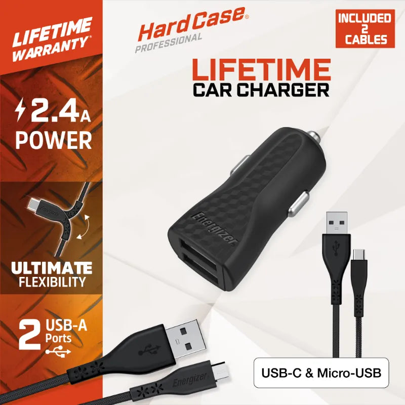 Energizer HardCase – Automobilinis įkroviklis 2x USB-A 2.4A + USB-C ir „Micro USB“ kabelis (juodas)