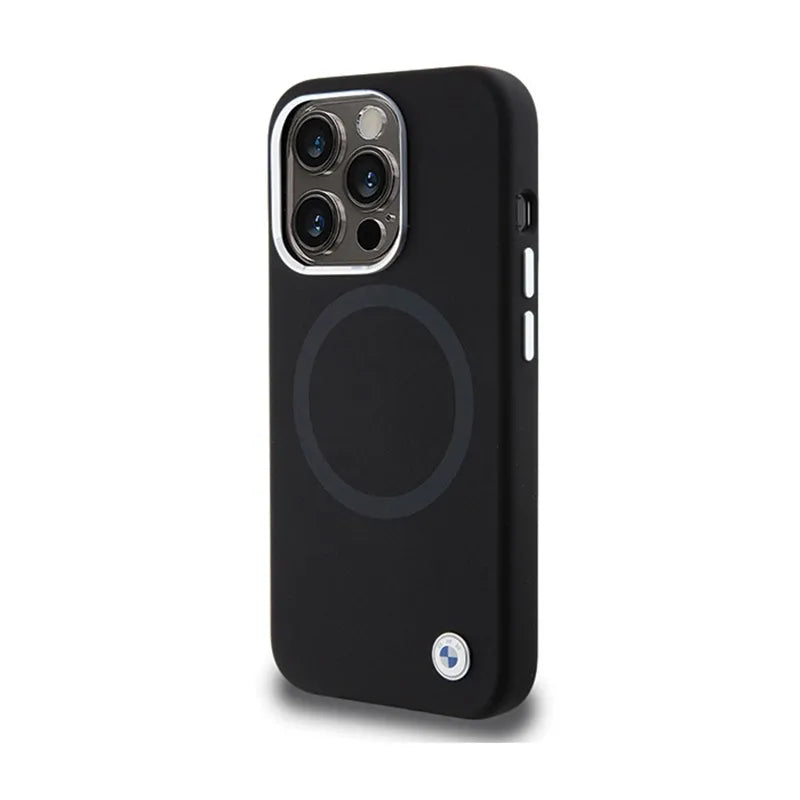 BMW Signature Liquid Silicone MagSafe dėklas, skirtas iPhone 15 Pro (juodas)
