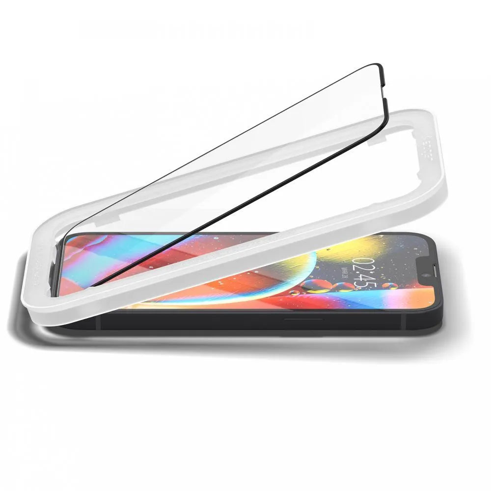 Spigen Alm Glass FC – grūdintas stiklas, skirtas iPhone 17e / 16e / 14 / 13 / 13 Pro (juodas rėmelis)